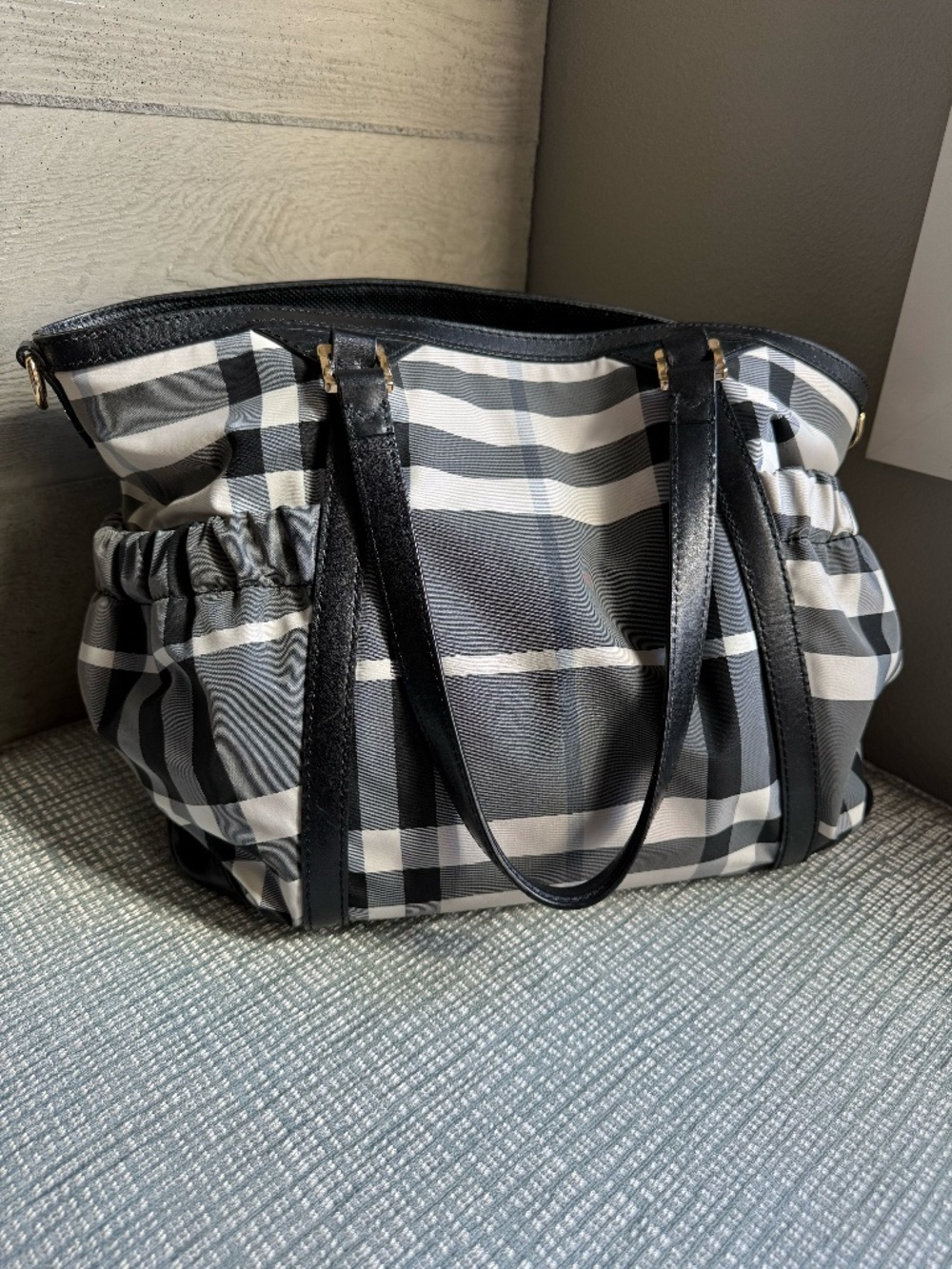 Burberry Nova Check Nylon Diaper Bag Tote – Black/Gray Leather Trim